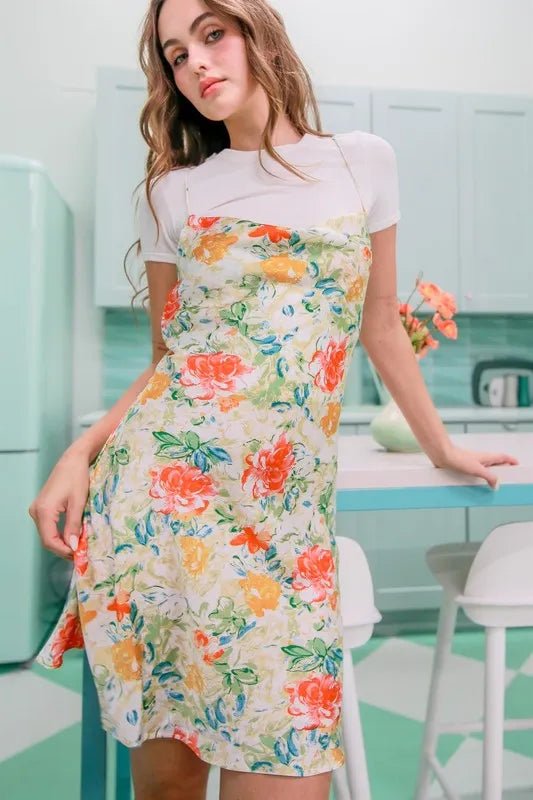 HYFVE Floral Cowl Neck Flirty Satin Mini Dress - APPLE GREEN / S