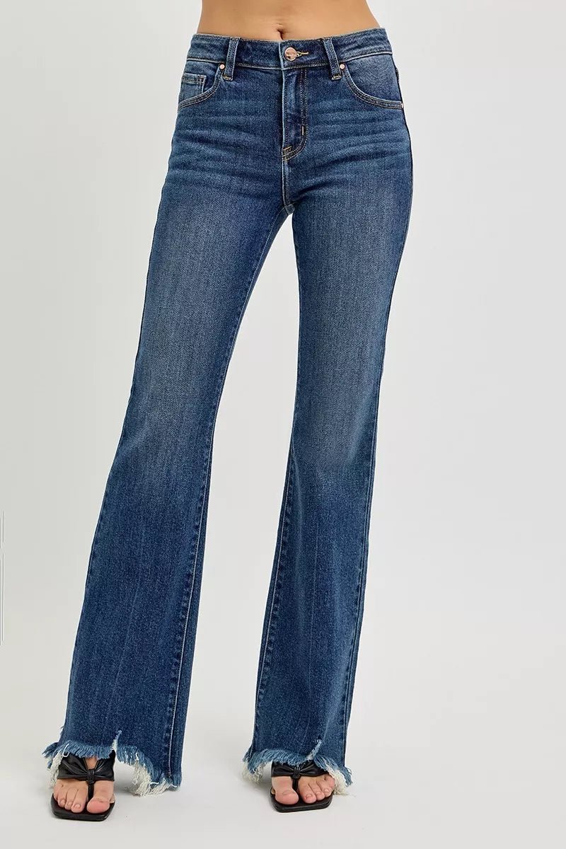 RISEN Full Size Mid Rise Flare Frayed Hem Jeans Plus Size - DARK / 0