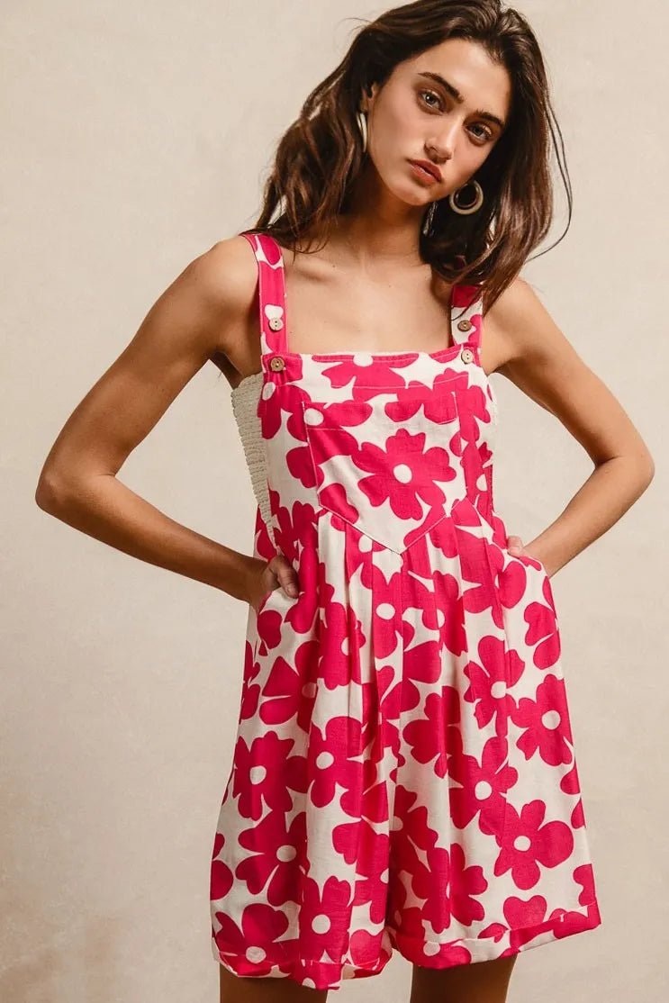 BiBi Floral Prints Tuck Detail Short Overall With Pockets - FUCHSIA / S
