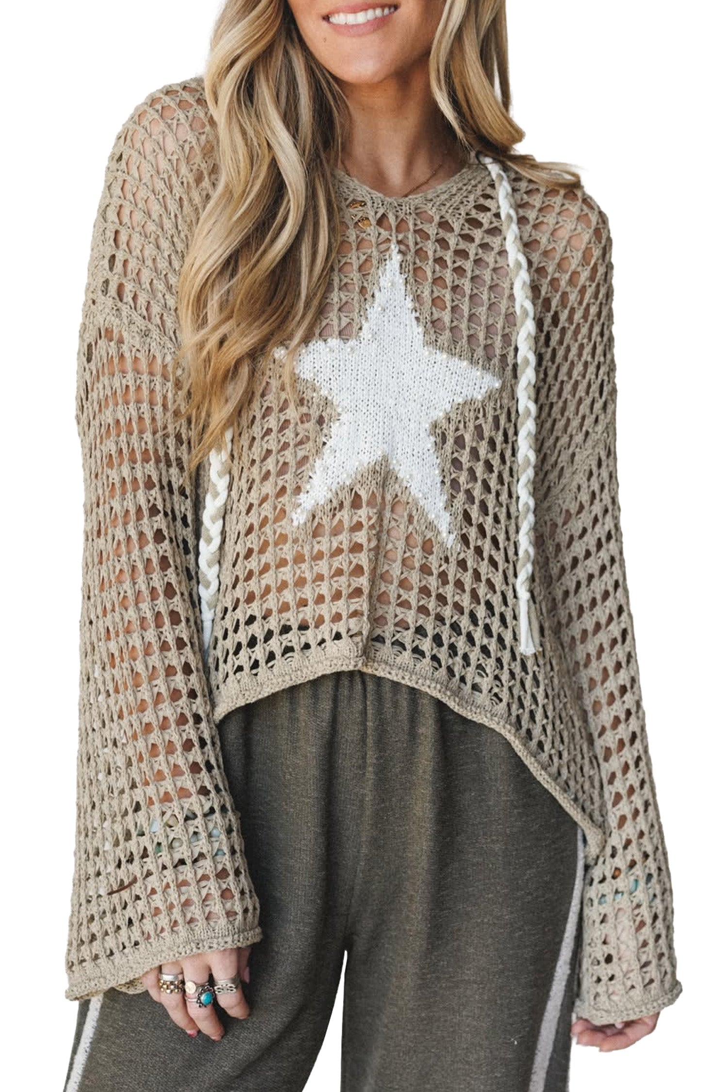 Sage Green Star Pattern Hollow Out Knit Contrast Drawstring Hooded Sweater