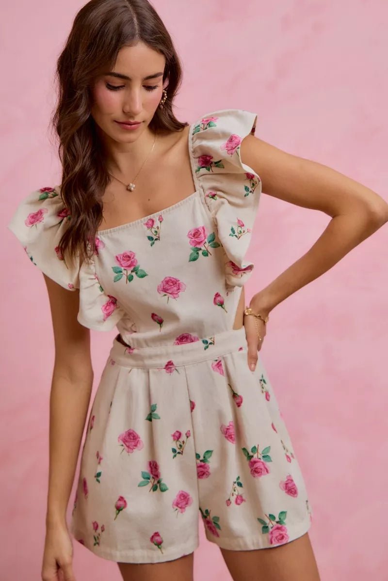 SO ME Floral Print Denim Cut Out Waist Ruffled Romper - IVORY/PINK / S