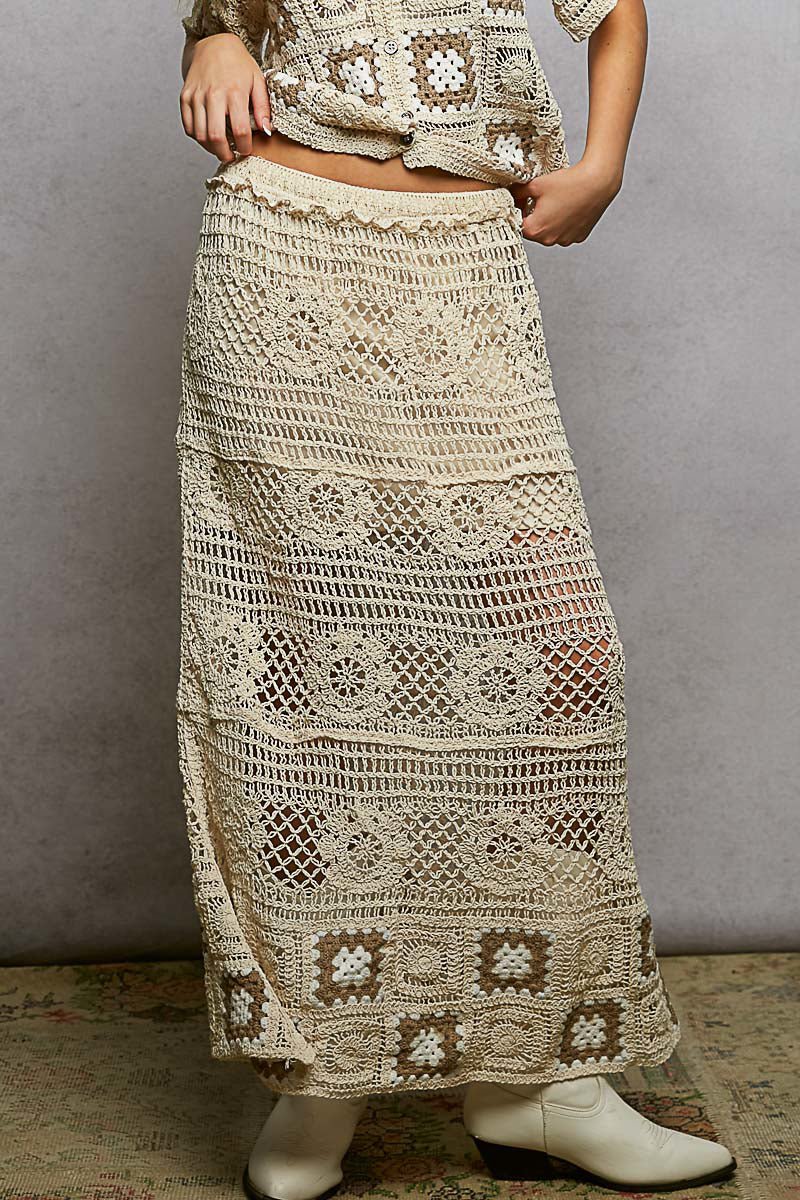 POL Floral Crochet Ruffled Waistband Maxi Skirt with Granny Square Weave - NATURAL/CAMEL / One Size