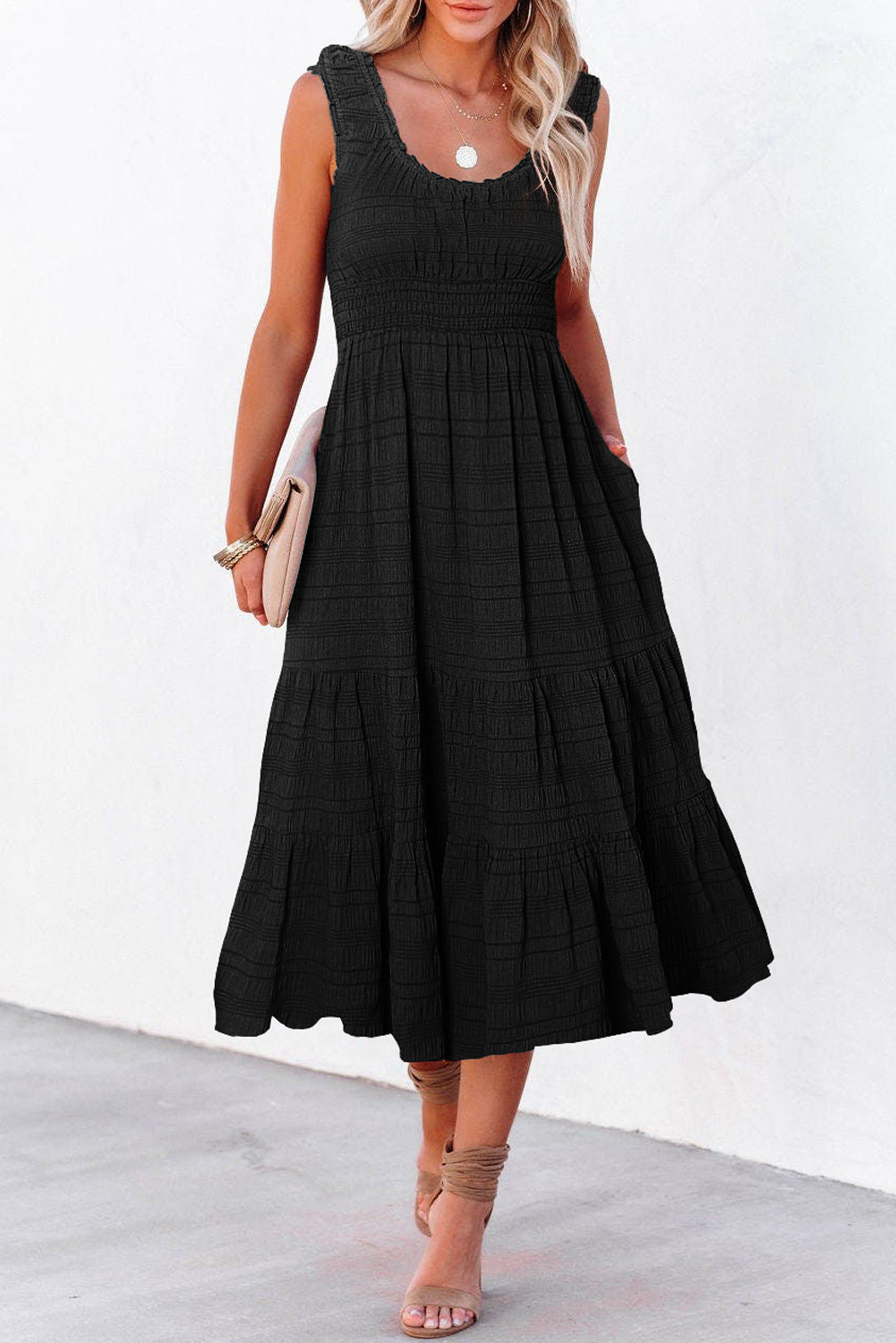 Green Shirred Pleated Square Neck Sleeveless Midi Dress