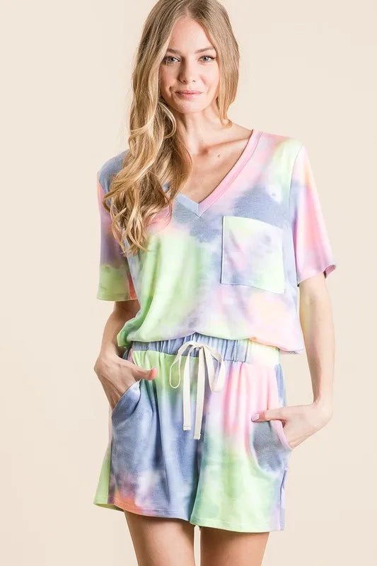 BiBi Tie Dye Casual Shorts with Twill Tape Drawstring - BLUE/N.YELLOW / S
