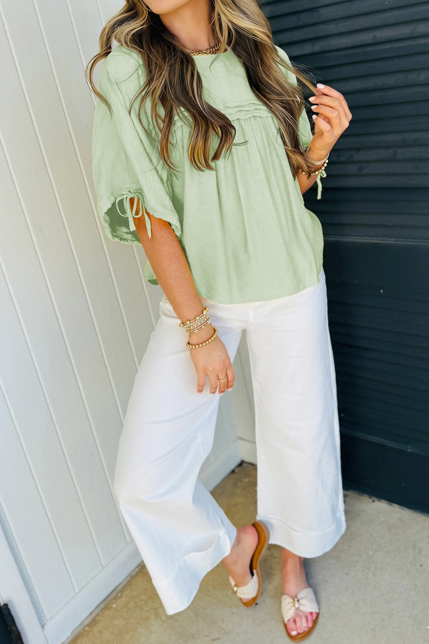 Yellow Cream Tie Half Sleeve Pleated Detail Babydoll Blouse