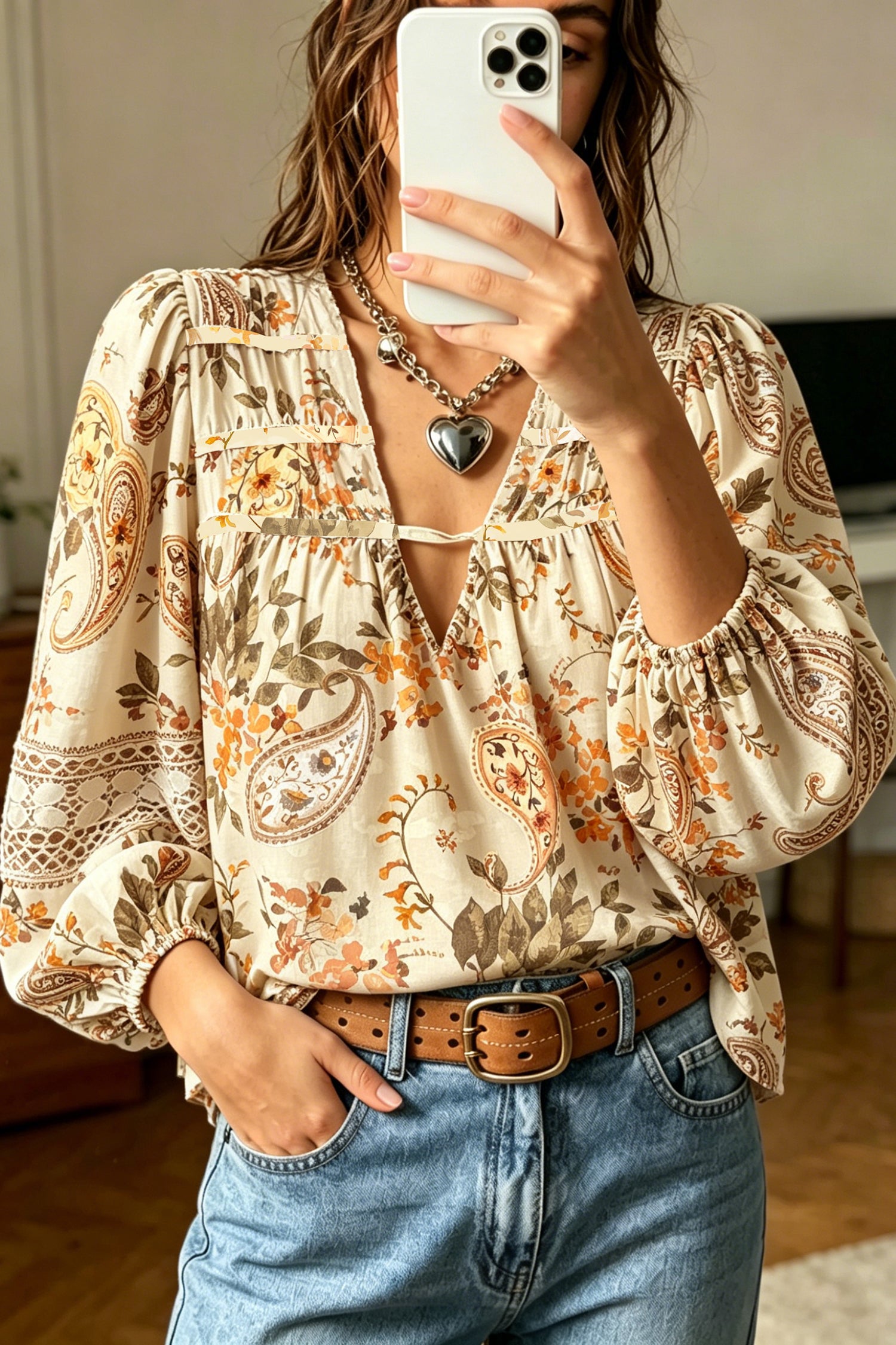 Khaki Paisley Print V-Neck Long Sleeve Shift Blouse Casual Daily Wear