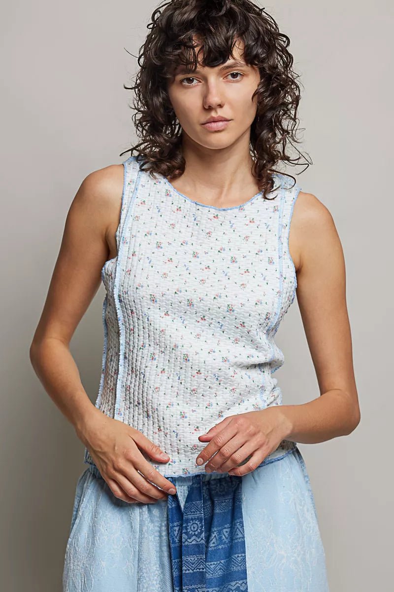 POL Seam detail Floral Round Neck Ribbed Tank - BLUE / S