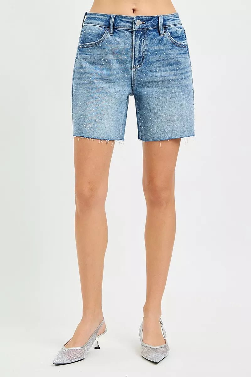RISEN Slouchy Mid Length All Over Rhinestones Shorts - MEDIUM / S