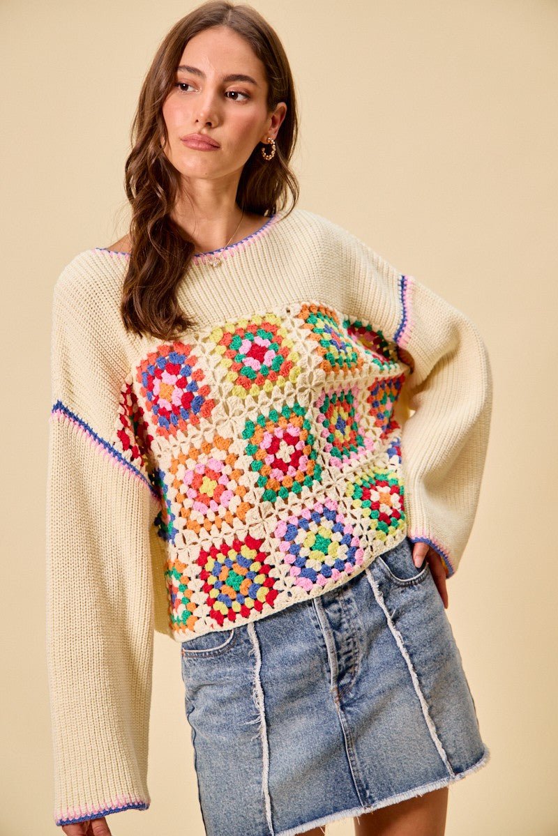 SO ME Multi Color Granny Crochet Lace Sweater Top - CREAM COMBO / S