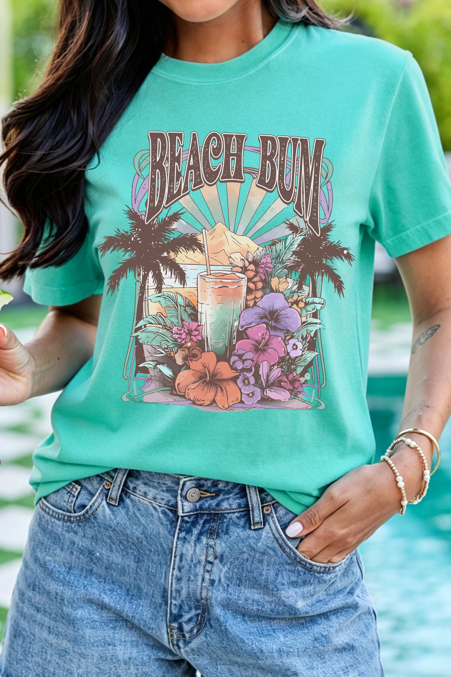 Mint Green Beach Bum Slogan Round Neck Summer Vacation Tee
