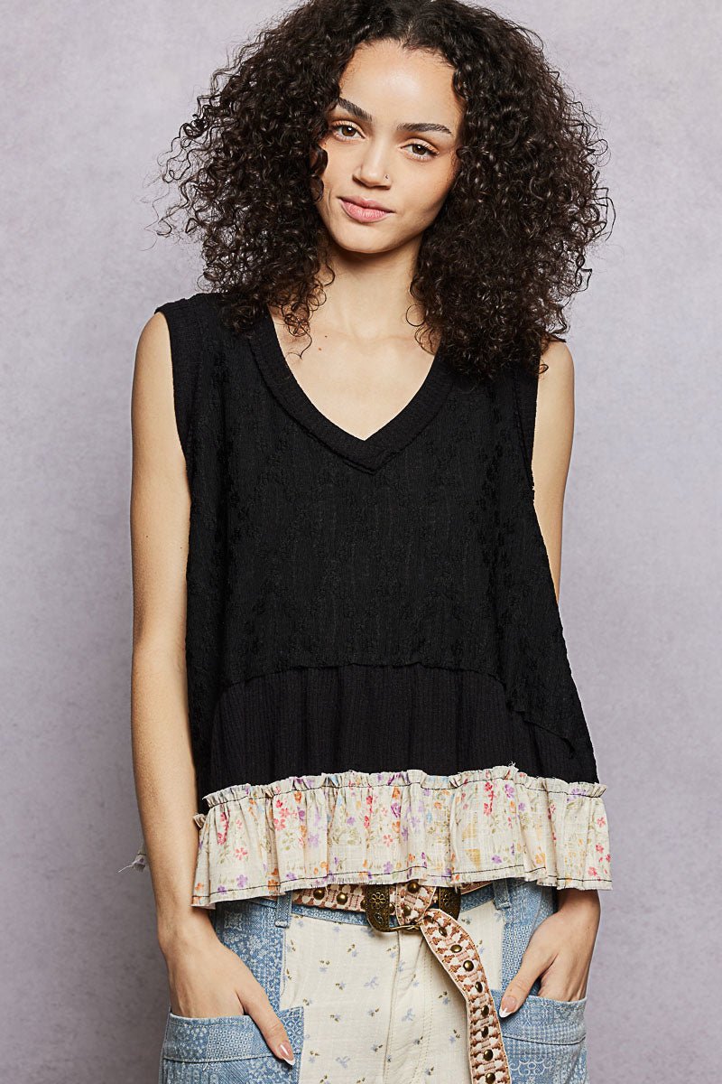 POL Floral Print V-Neck Textured Tank - BLACK / S