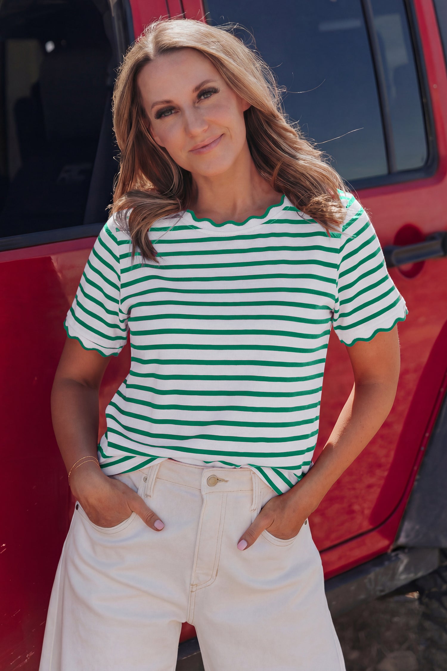 Red Stripe Scalloped Trim Round Neck T Shirt