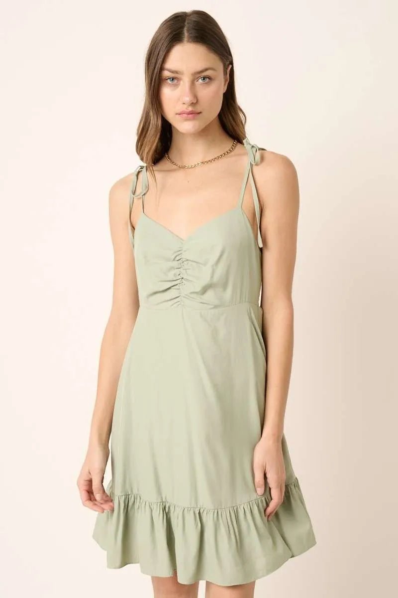 Mittoshop Ruched Detail Spaghetti Tie Mini Dress - SAGE / S