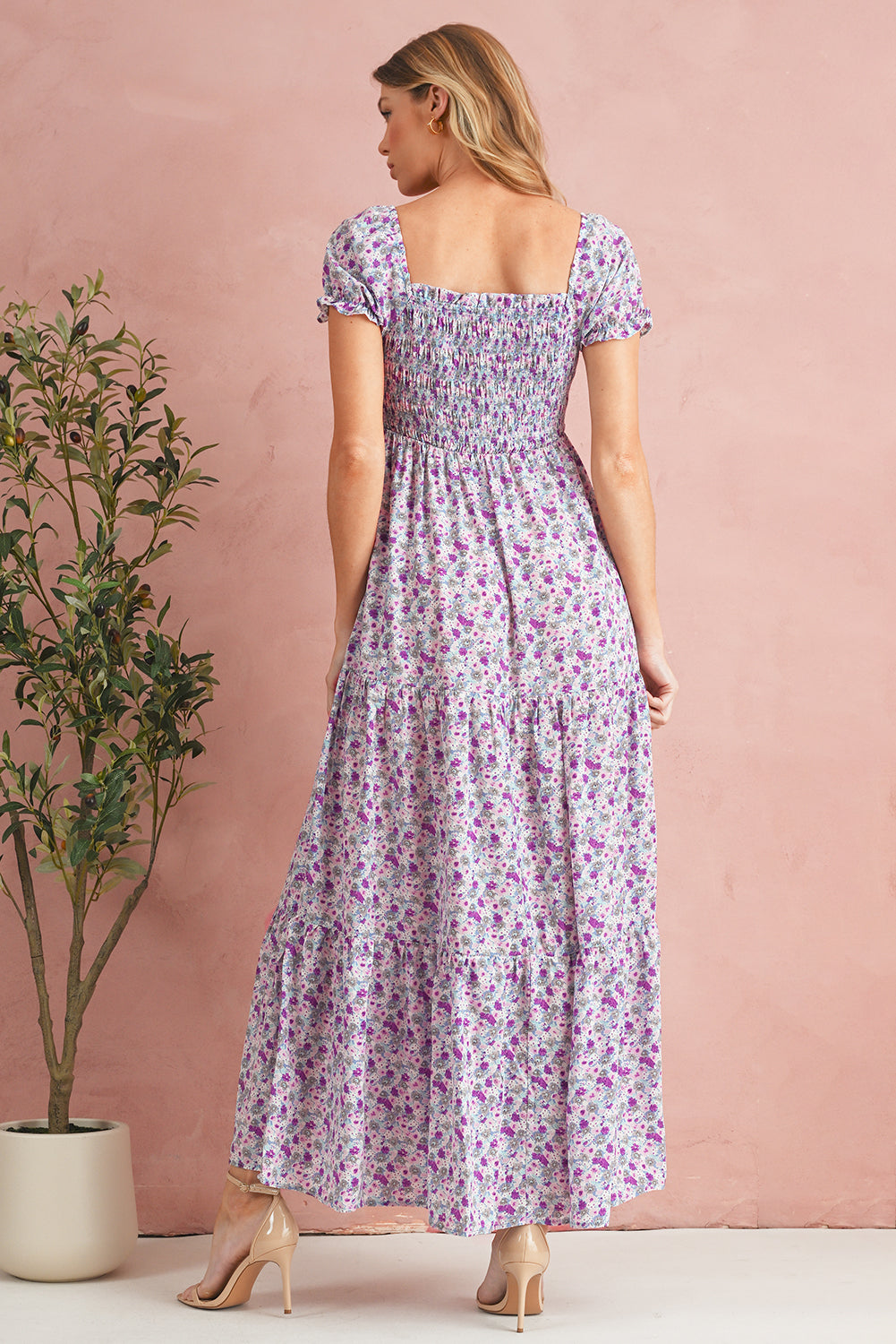 Green Floral Short Bubble Sleeve Shirred High Waist Maxi Dress