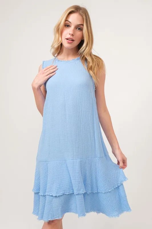 And The Why Washed Fringe Detail Tiered Dress - Baby Blue / S