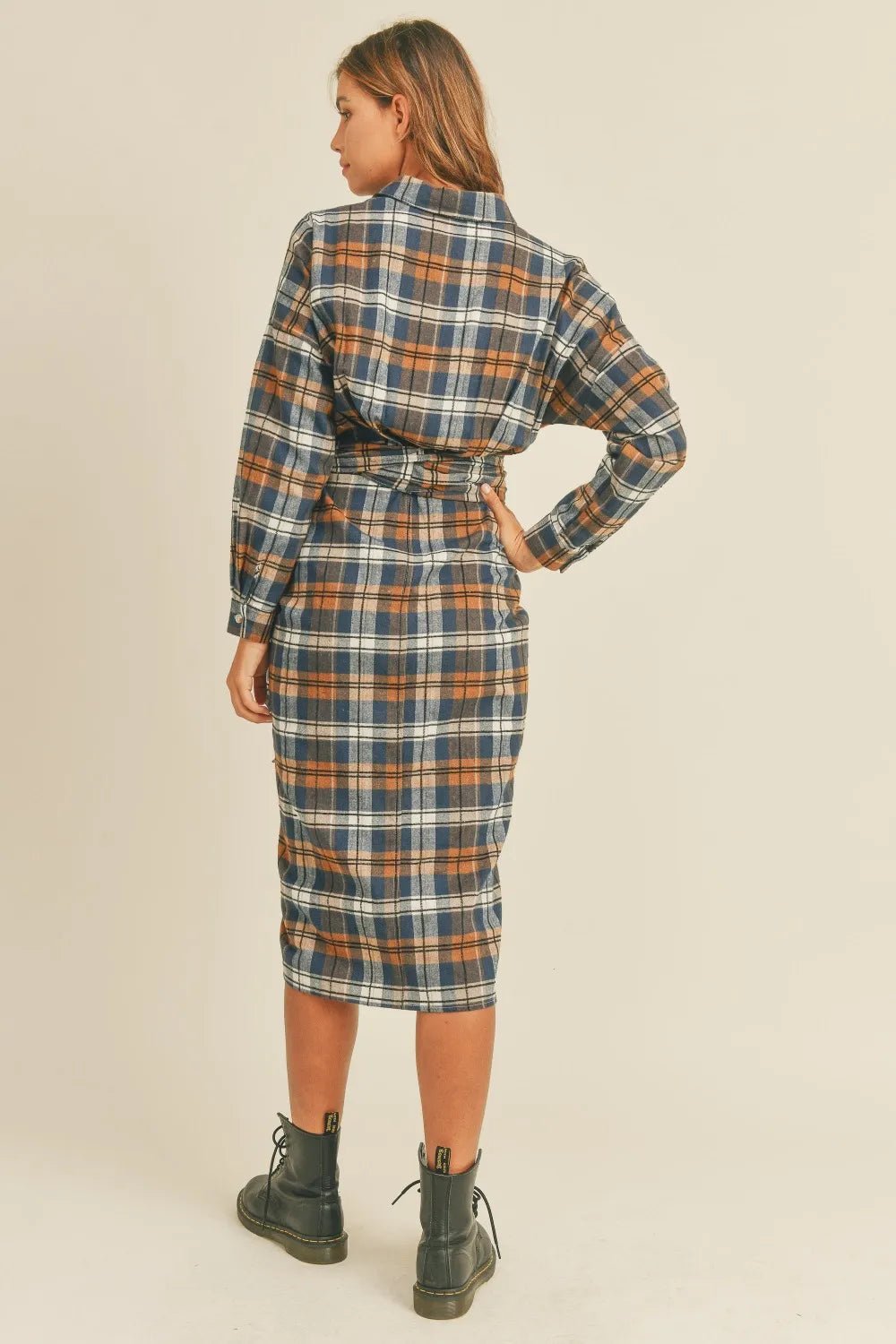 Mable Plaid Flannel Front Tie Button Down Shirt Dress - Camel / S