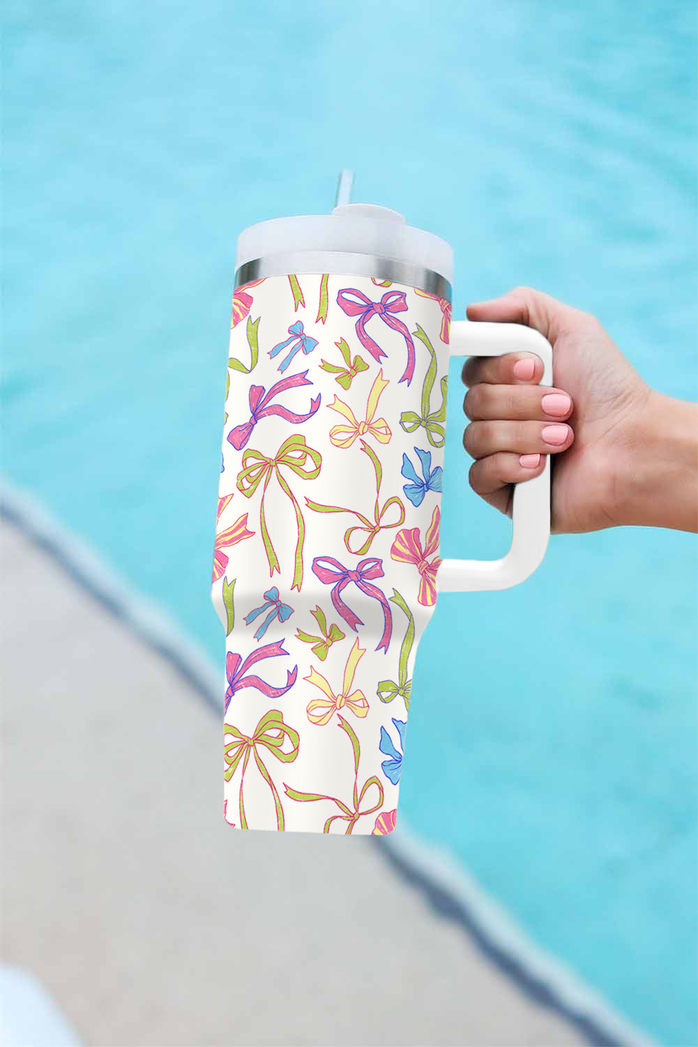 White Bow Knot Print Large Stainless Steel Vacuum Cup