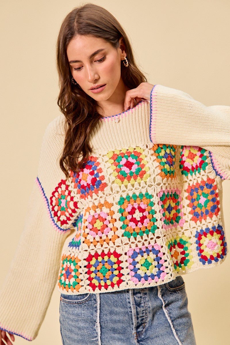 SO ME Multi Color Granny Crochet Lace Sweater Top - CREAM COMBO / S