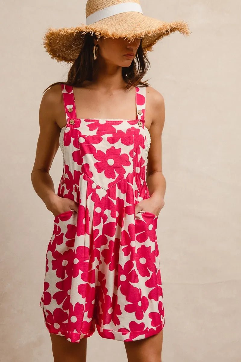 BiBi Floral Prints Tuck Detail Short Overall With Pockets - FUCHSIA / S