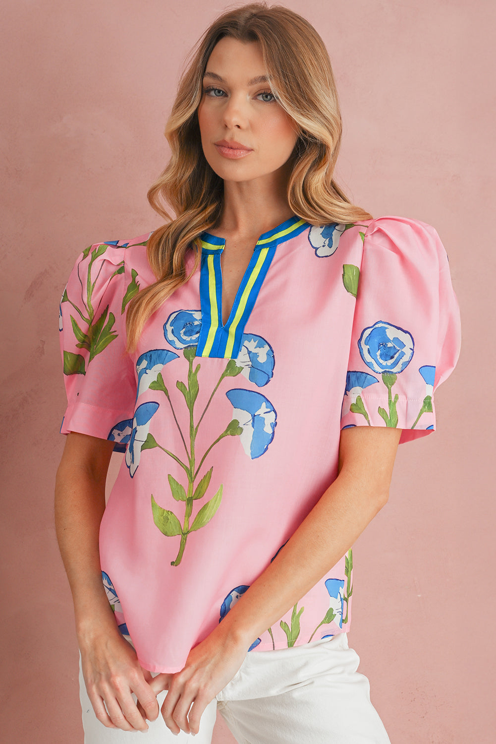 Pink Puff Sleeve Floral Pop of Color Neckline Blouse