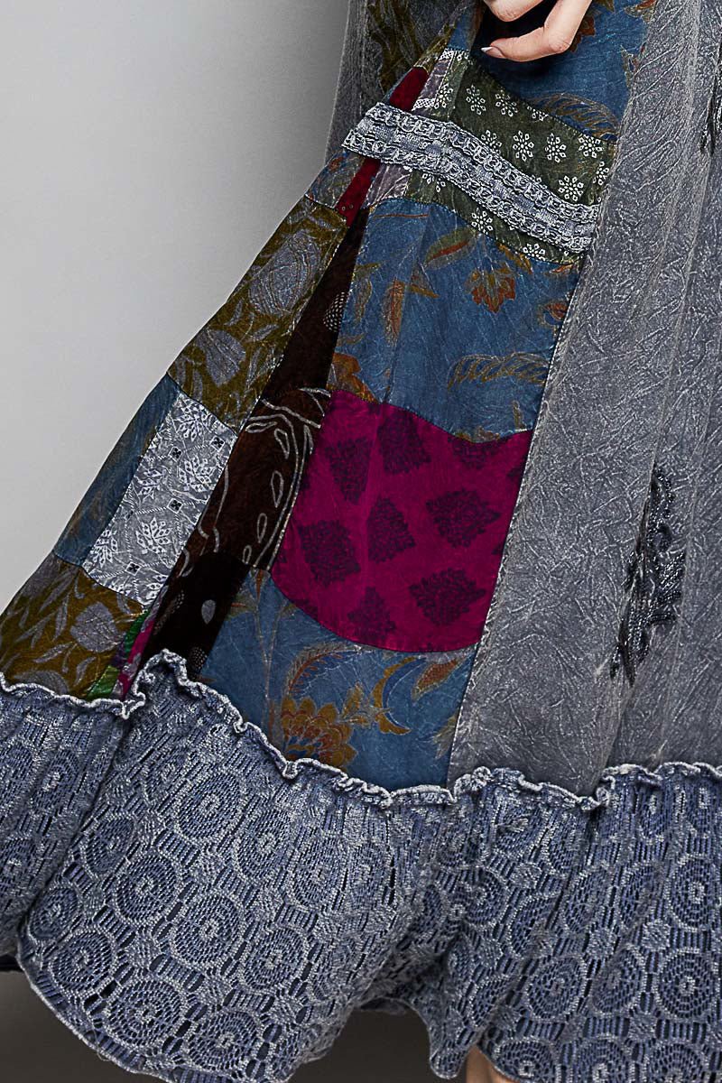 POL Printed Patchwork Embroidered Ruffled Skirt - CHARCOAL MULTI / S