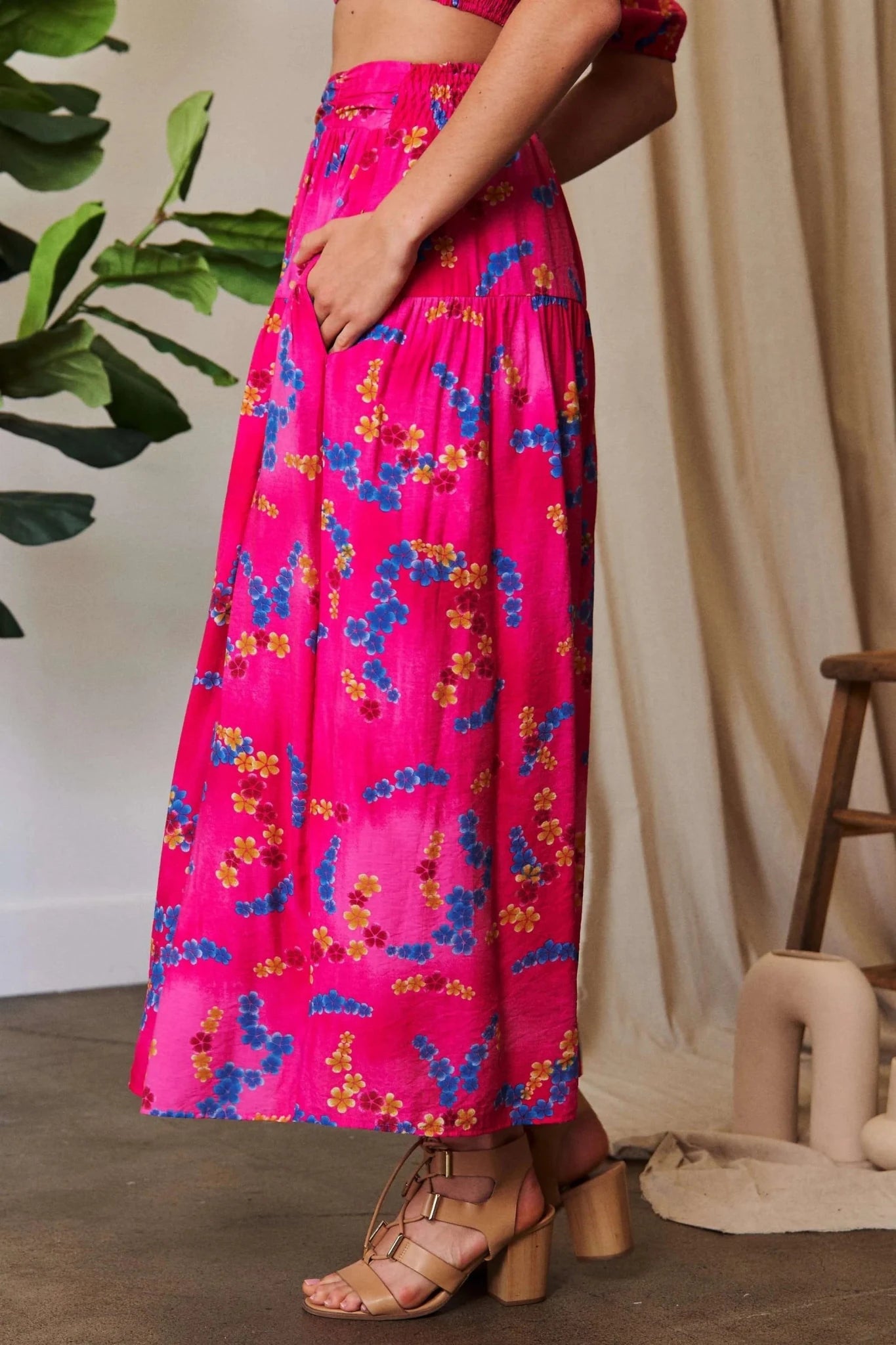 Davi & Dani Printed Smocking Waistband Ruffled Maxi Skirt - CANDY PINK / S