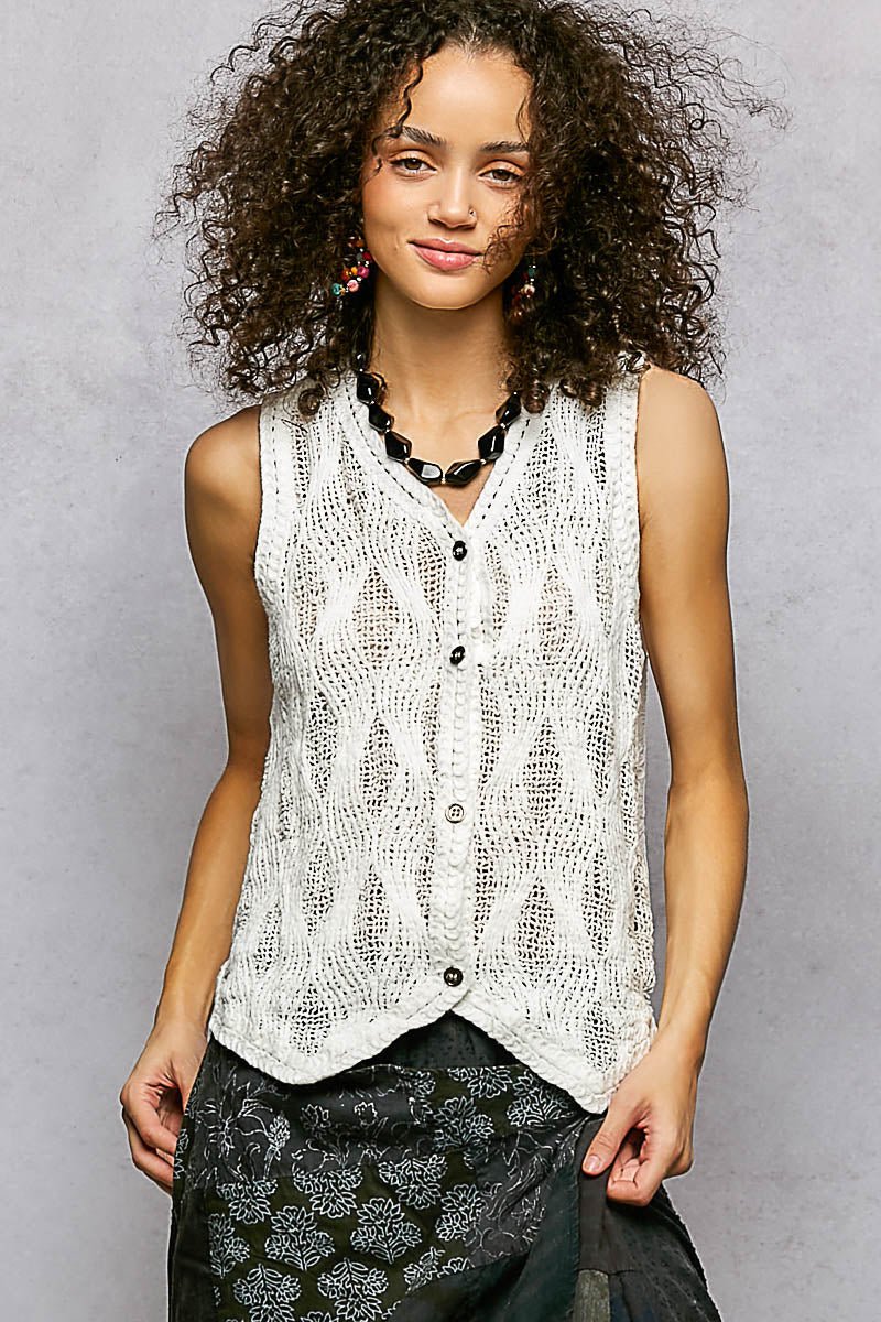 POL Button Down V-Neck Sweater Vest - OFF WHITE / One Size