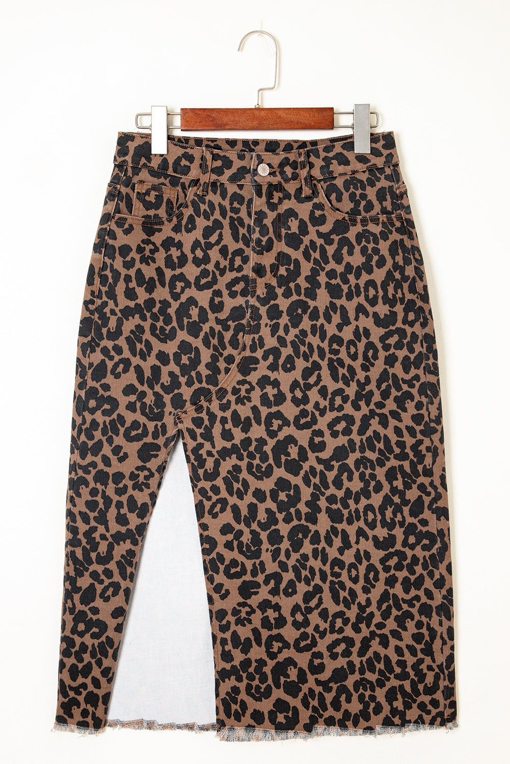 Sky Blue Leopard Print Frayed Edge Denim Skirt Long Casual Daily Wear