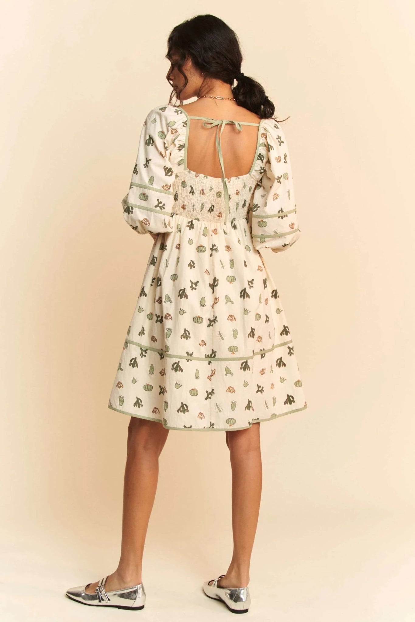 Davi & Dani Cactus Printed Poplin Contrast Piping Mini Dress - CREAM/GREEN / S