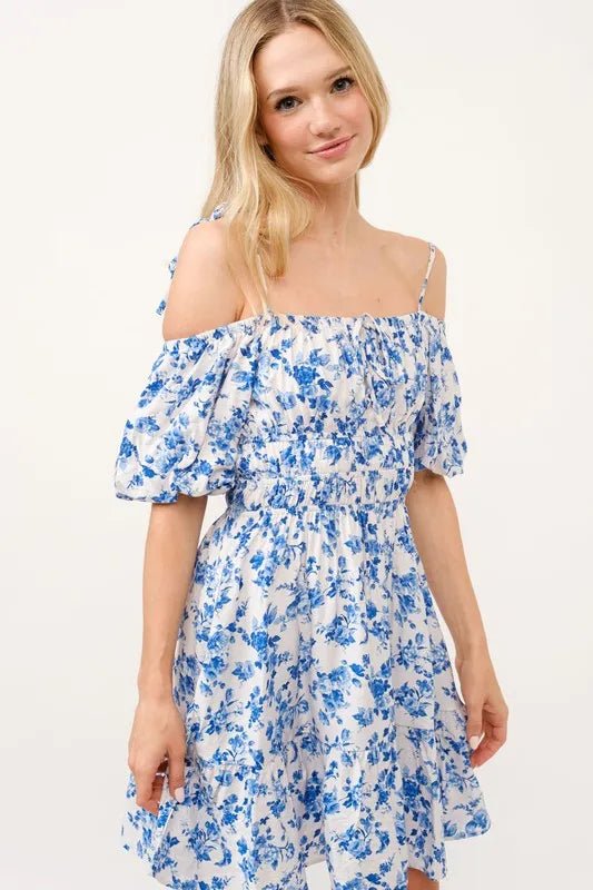 And The Why Off Shoulder Bubble Sleeve Dress - White Blue / S