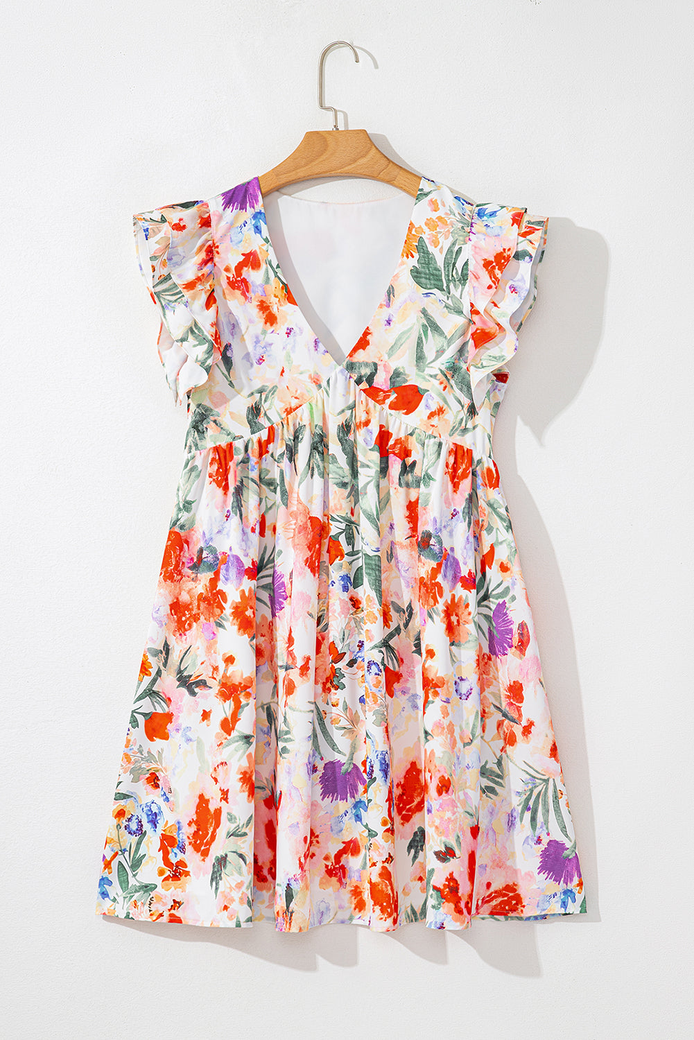 Pink Floral Ruffle Sleeve V Neck High Waist Mini Dress