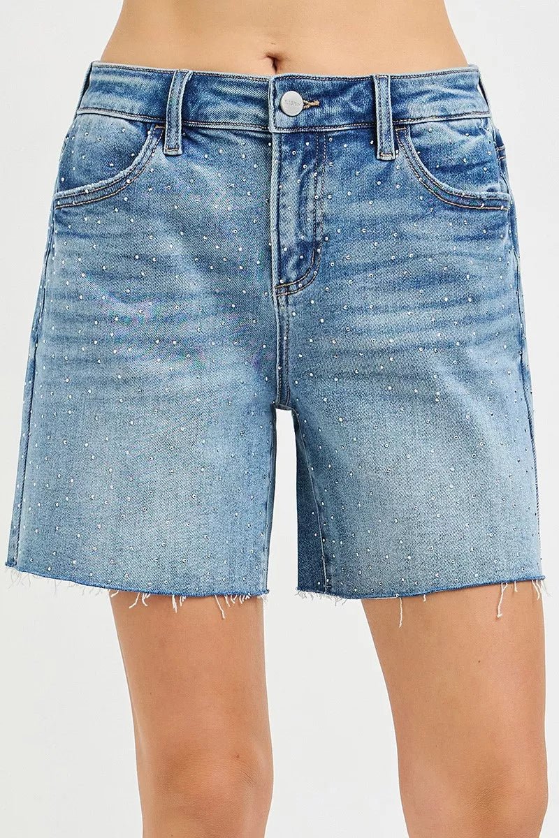 RISEN Slouchy Mid Length All Over Rhinestones Shorts - MEDIUM / S