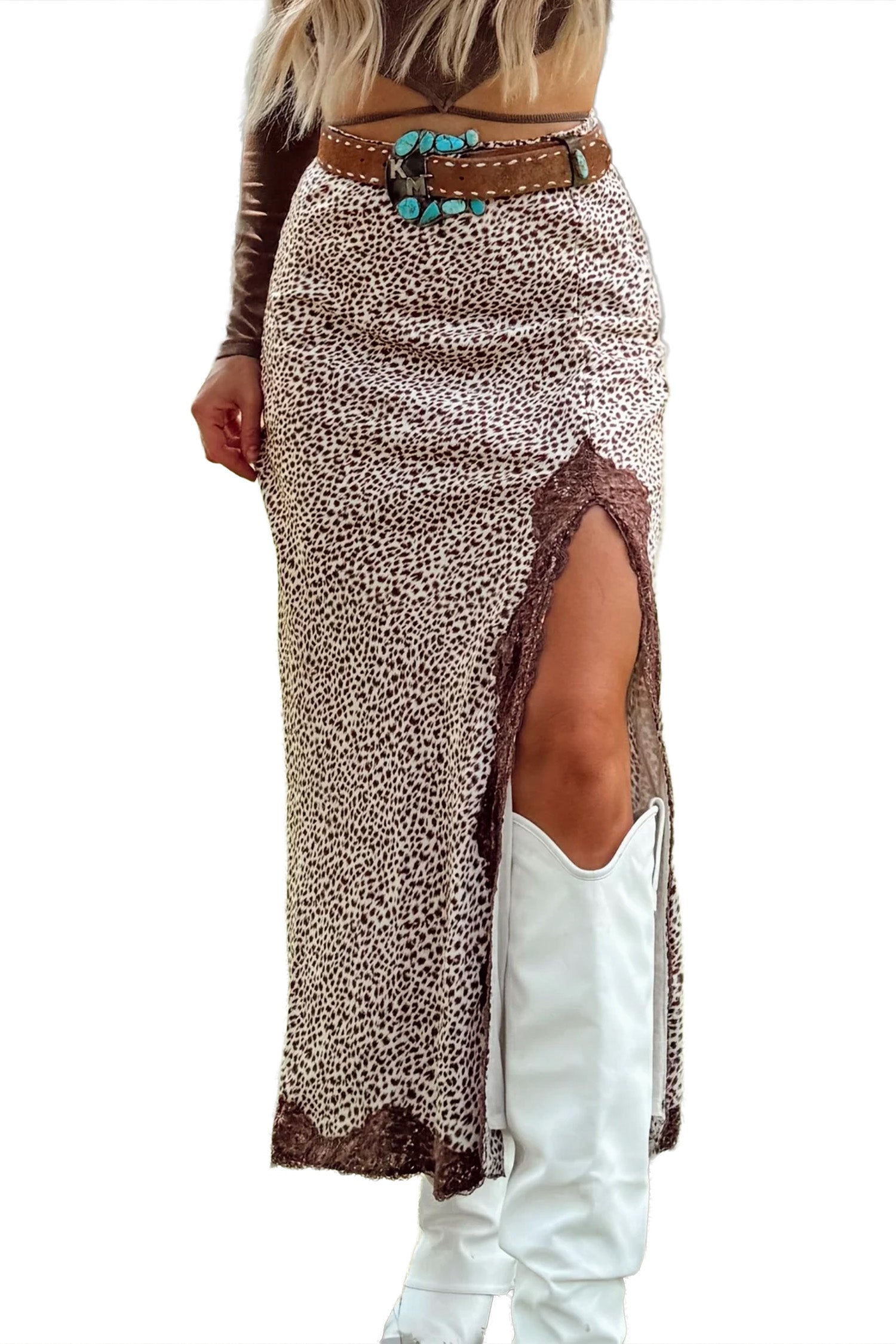 Brown Cheetah Ruched High Waist Lace Splicing Slit Skirt