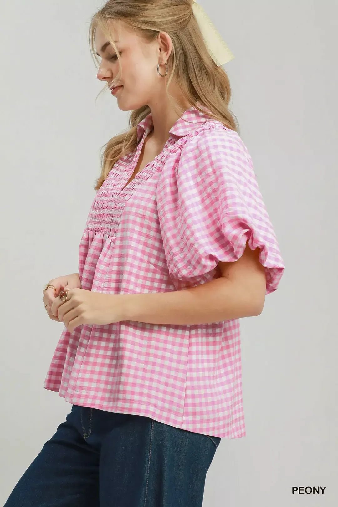 Umgee Smocked Yoke Puff Sleeve Gingham Blouse - PEONY / S