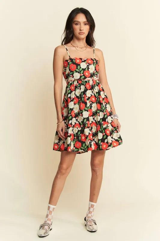 Davi & Dani Floral Scalloped Cutout Back Mini Dress - Black / S