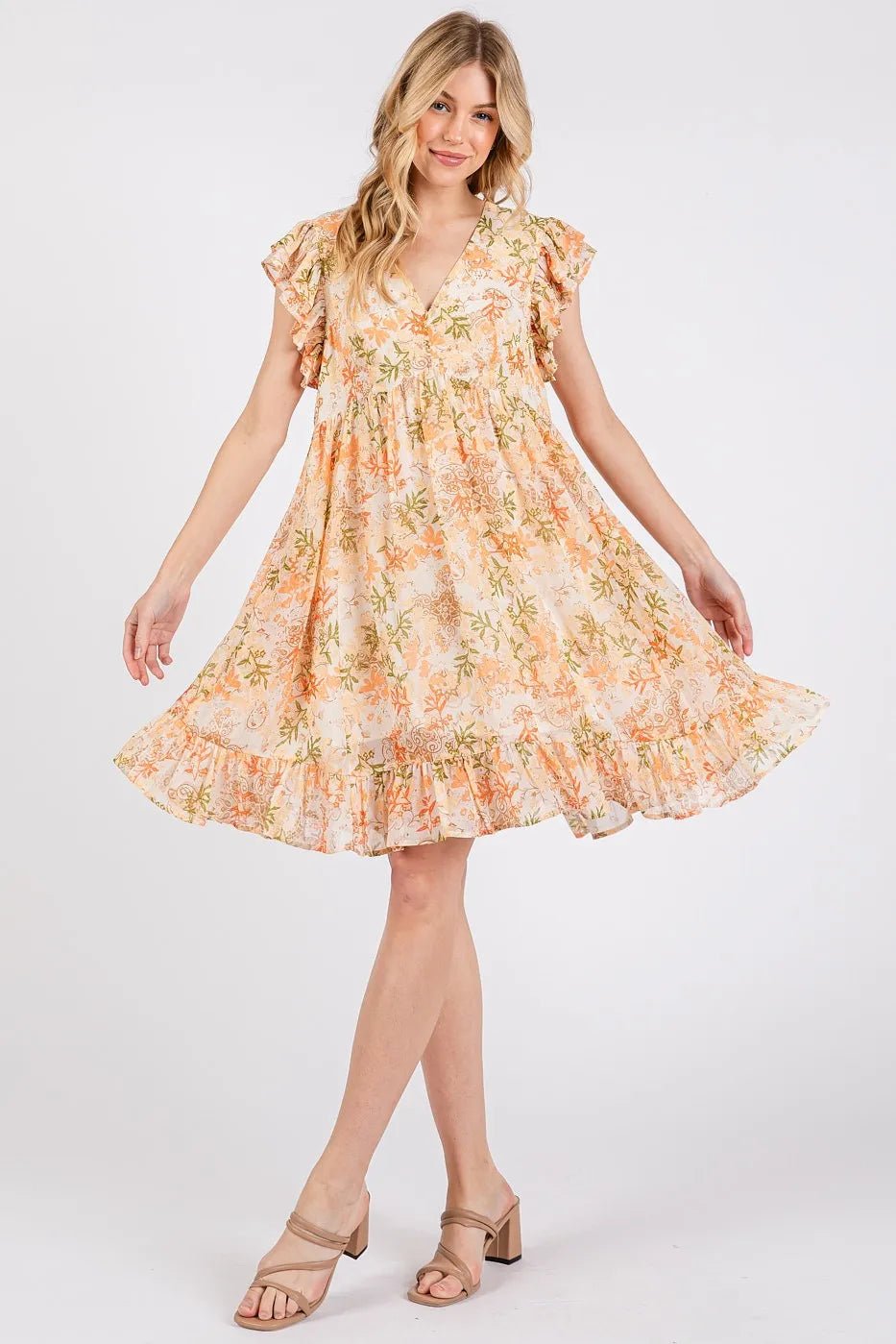 Mittoshop Floral Chiffon Ruffle Short Sleeve Mini Dress - ORANGE MULTI / S