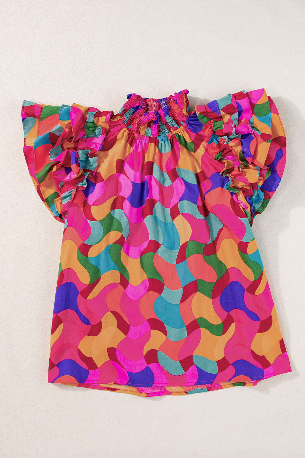 Rose Red Abstract Print Smocked Neck Layered Ruffle Sleeve Blouse