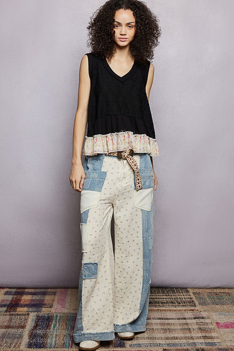 POL Floral Print V-Neck Textured Tank - BLACK / S