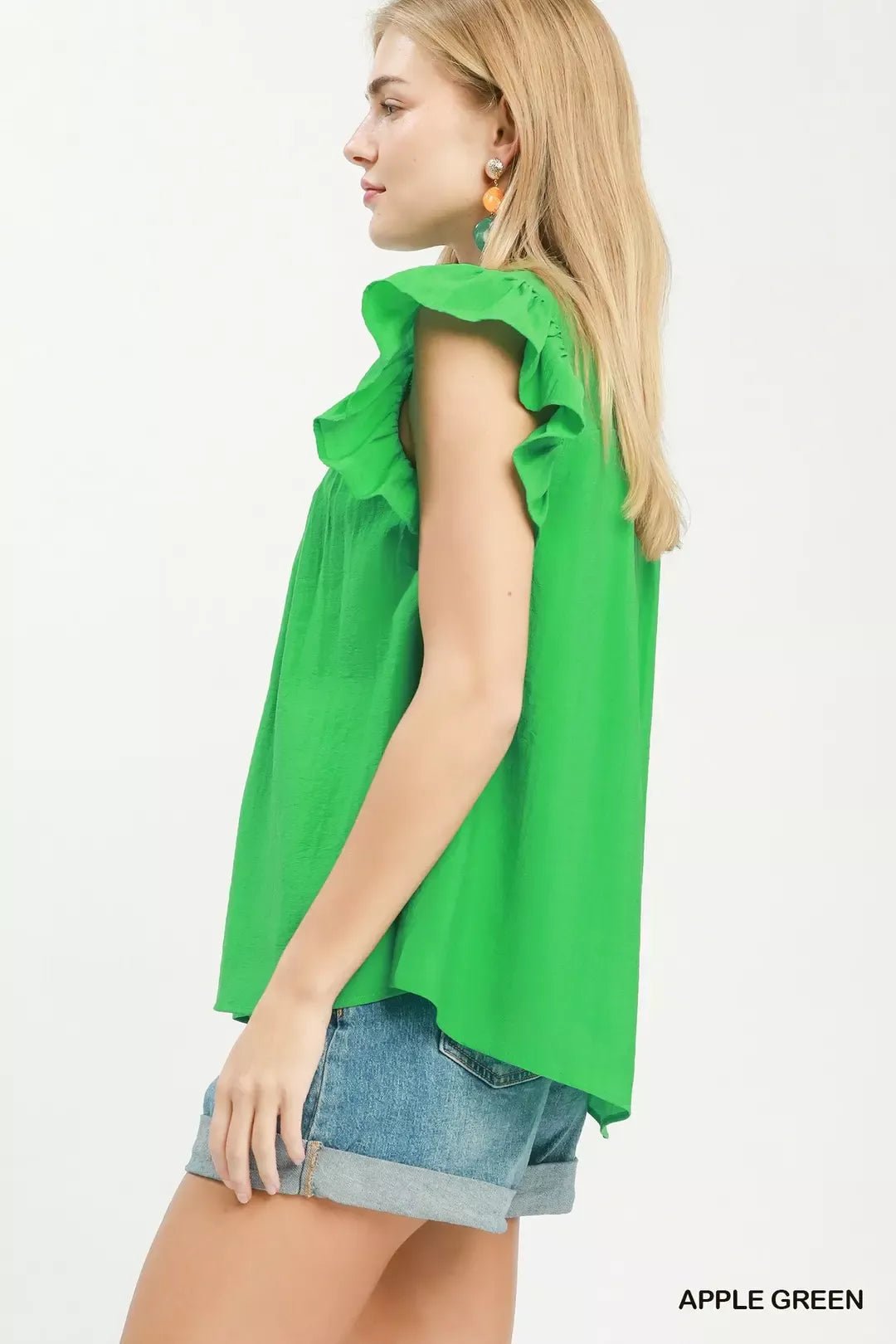 Smocked Yoke Ruffle Sleeve Blouse - APPLE GREEN / S