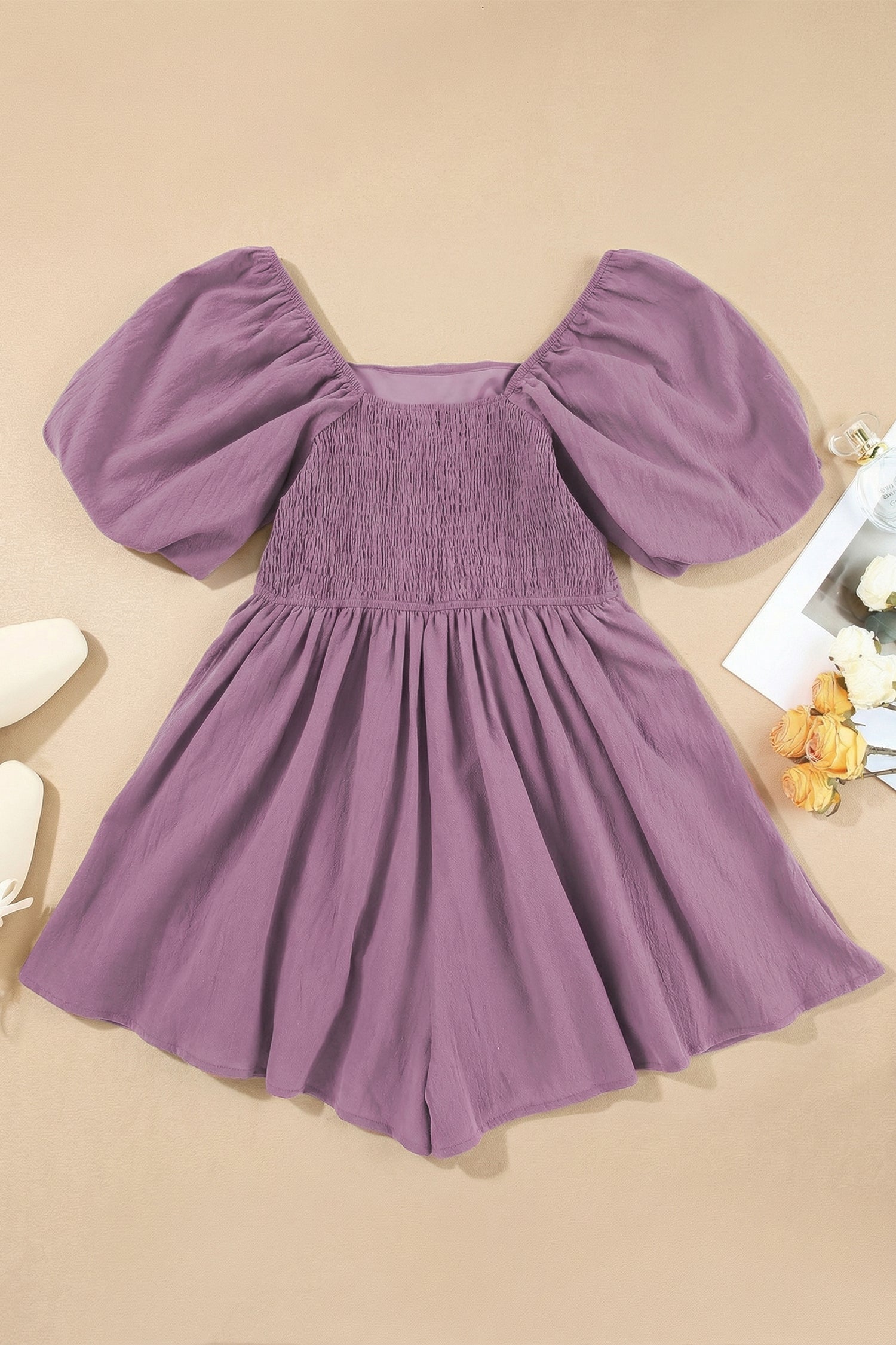 Sky Blue Brown Square Neck Ruched Puff Sleeve Romper