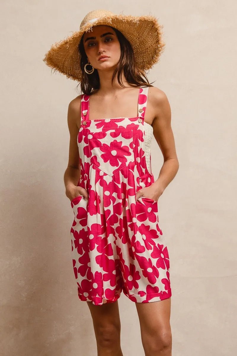 BiBi Floral Prints Tuck Detail Short Overall With Pockets - FUCHSIA / S