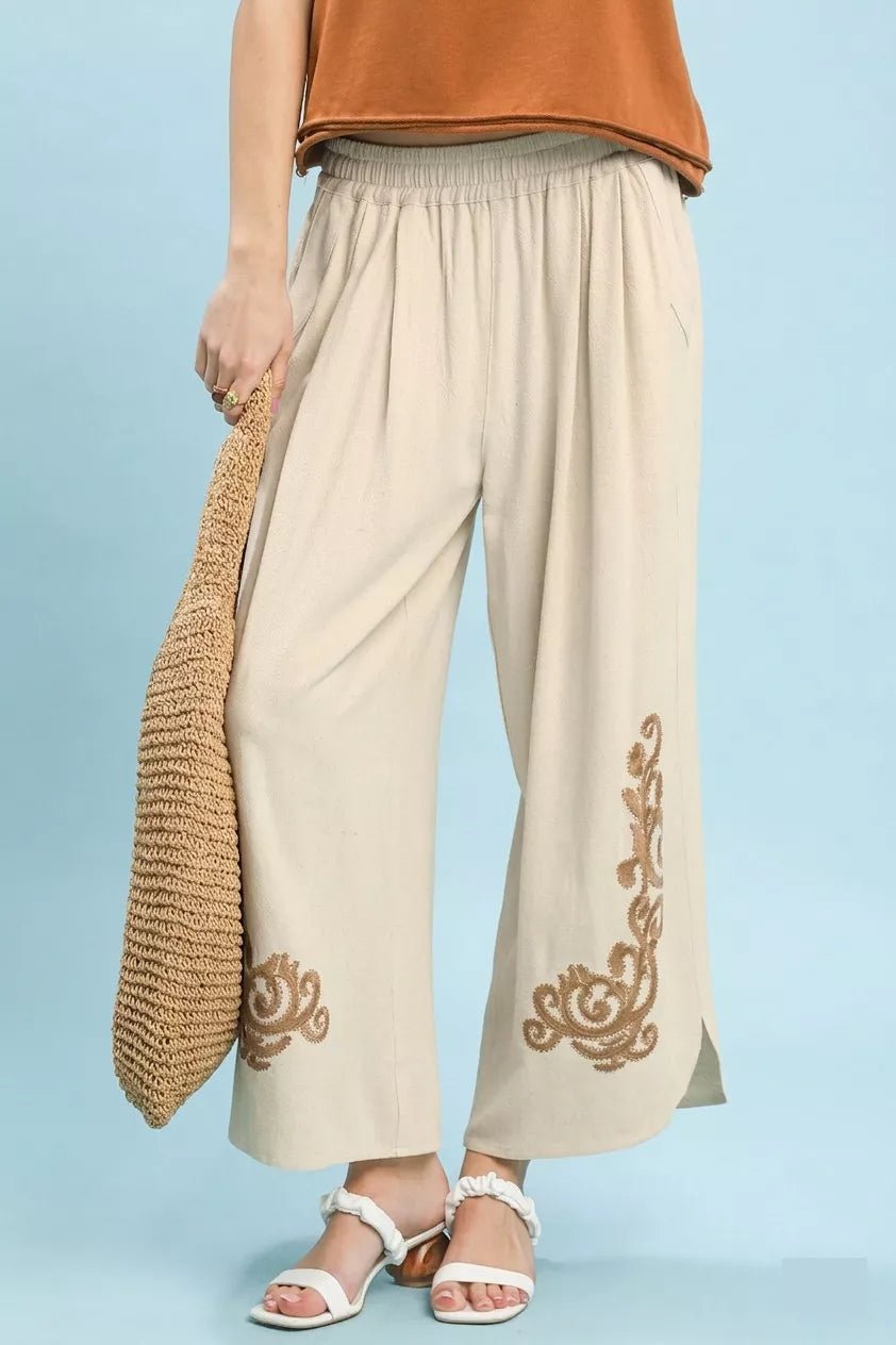Umgee Linen Embroidered Wide-Leg Boho Pants - OATMEAL / S