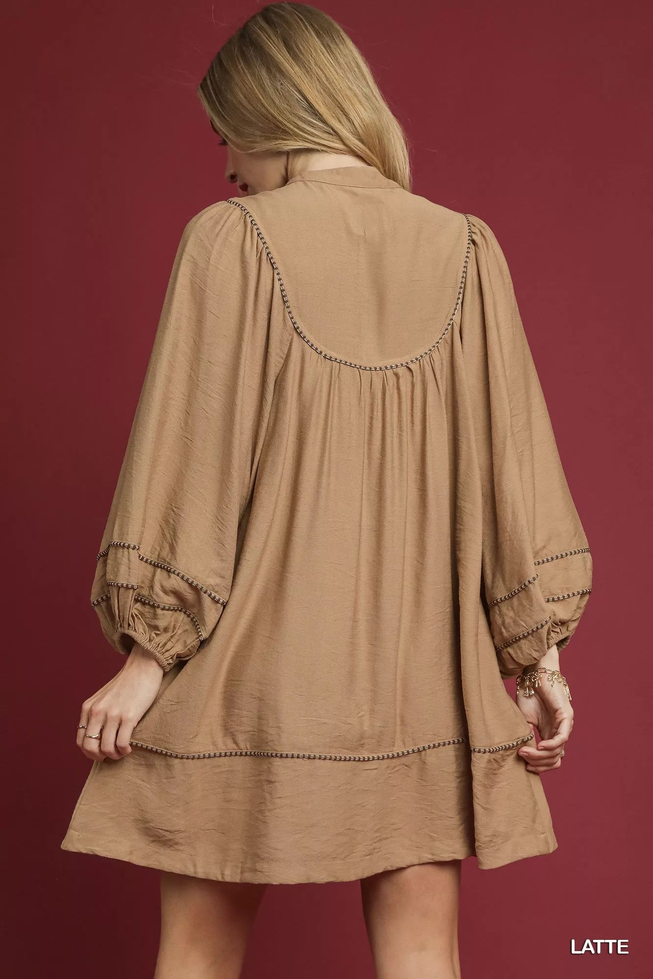 Umgee Boho Peasant Mini Dress with Trim Detail - LATTE / S