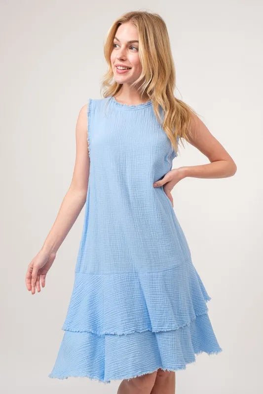 And The Why Washed Fringe Detail Tiered Dress - Baby Blue / S