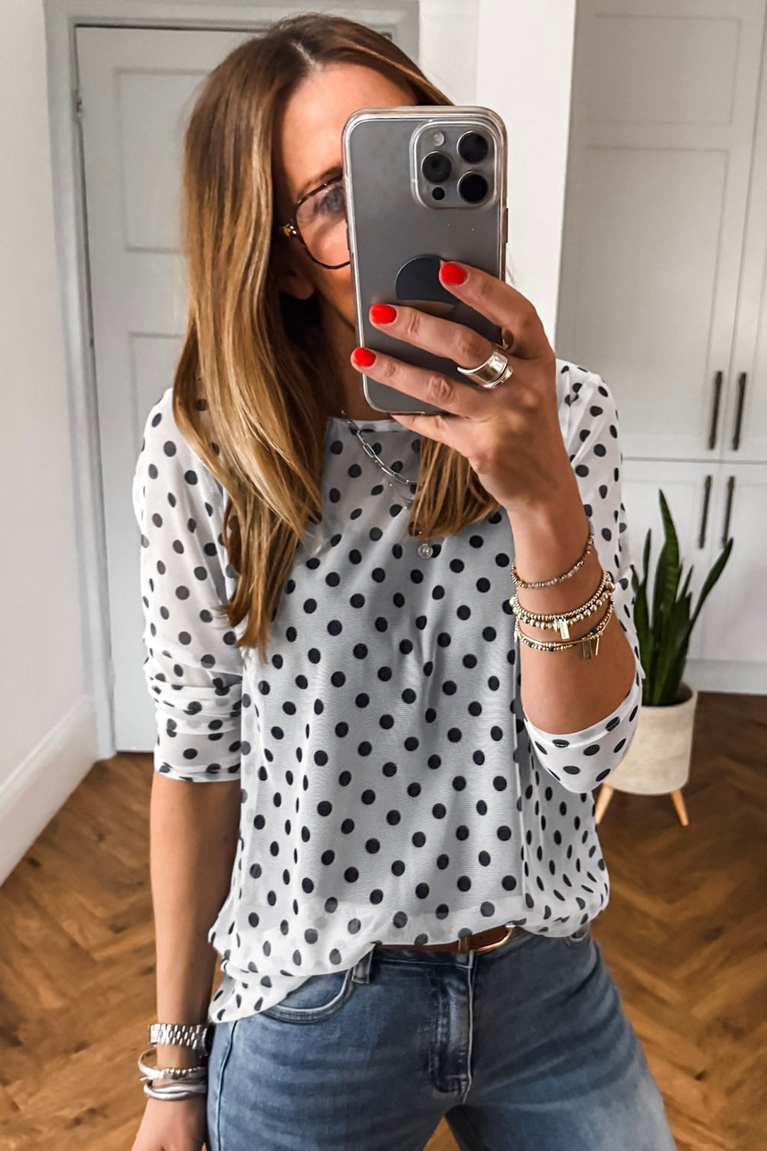 Black Polka Dot Round Neck Long Sleeve Shift Pullover