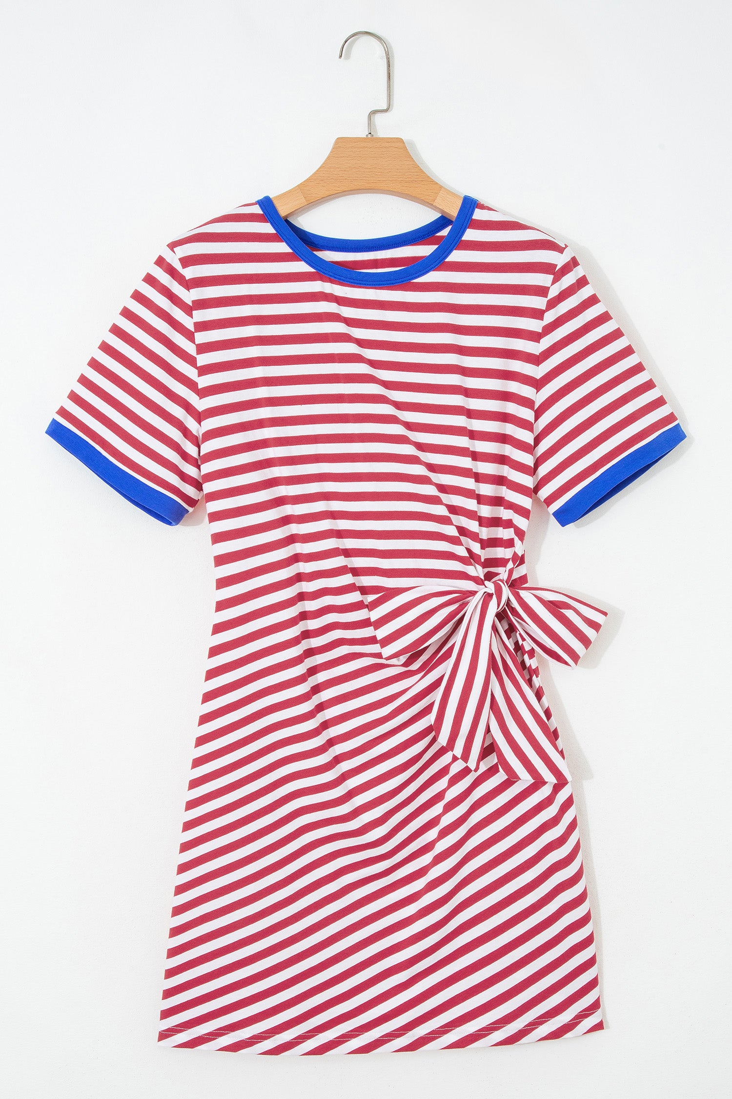 Sky Blue Stripe Nautical Tie Contrast Trim Round Neck T Shirt Mini Dress