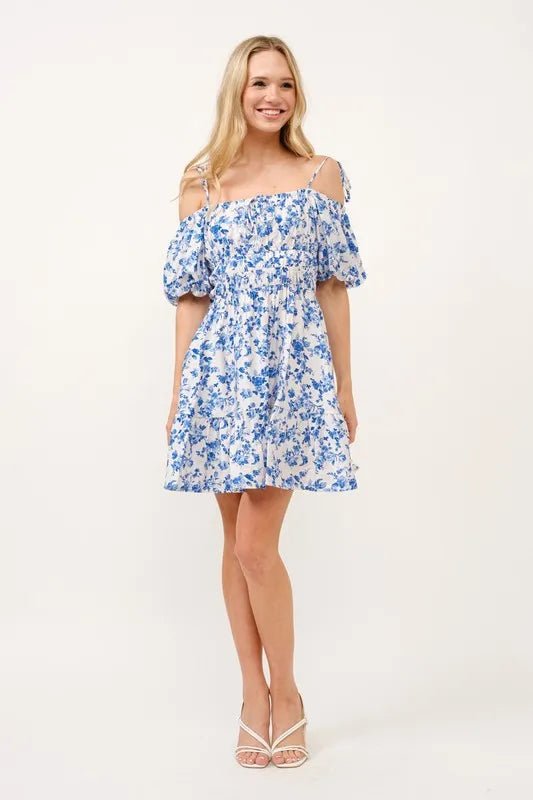 And The Why Off Shoulder Bubble Sleeve Dress - White Blue / S