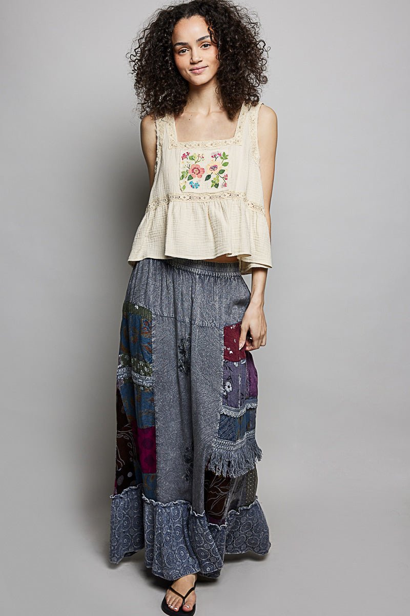 POL Printed Patchwork Embroidered Ruffled Skirt - CHARCOAL MULTI / S
