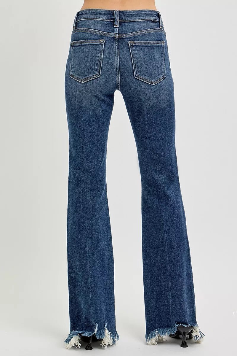 RISEN Full Size Mid Rise Flare Frayed Hem Jeans Plus Size - DARK / 0