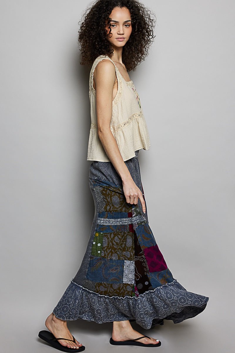 POL Printed Patchwork Embroidered Ruffled Skirt - CHARCOAL MULTI / S